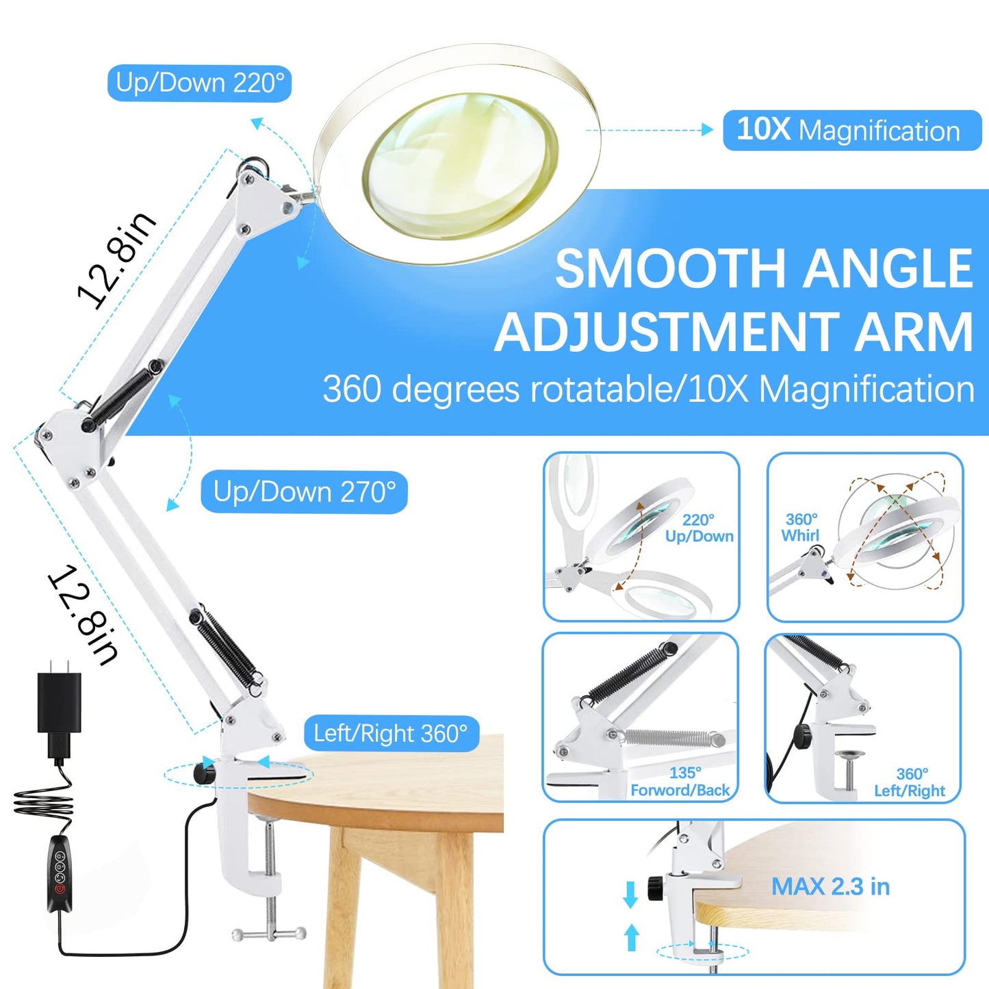 10X Magnifying Glass with Light, Adjustable Swing Arm 72 LEDs Real Glass Lens Magnifying Lamp, 3 Color Modes 10 Stepless Dimmable, Lighted Magnifier for Daily Reading Hobbies Crafts Workbench (White)