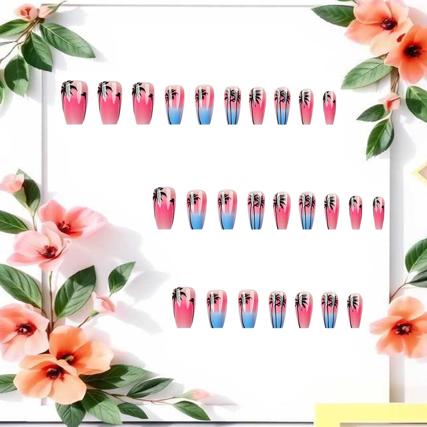 24Pcs Coconut Tree Press on Nails Medium Ballet Shaped Blue Pink Gradient Acrylic Fake Nails Full Cover Glossy Summer Artificial Nail Medium Press Ons Stick on Nails DIY Glue on Nails for Women