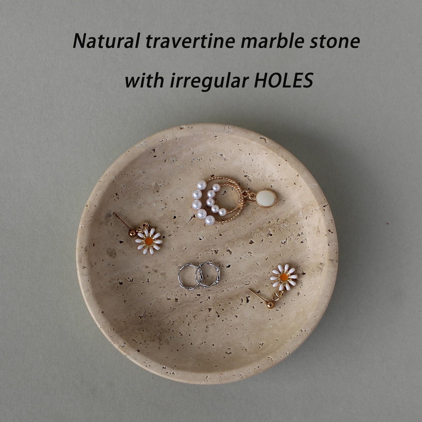 Nawgnail Natural Travertine Marble Jewelry Dish 5.5", Trinket Dish for Ring Earring, Gift for Woman Daugther(Beige Travertine)