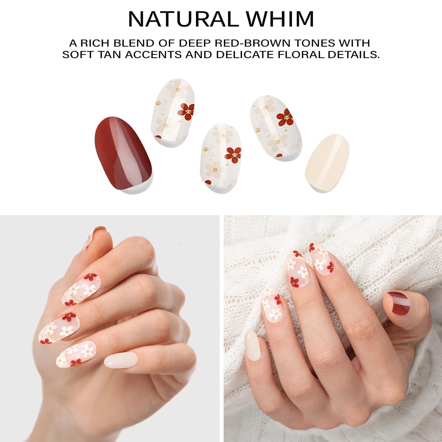 Adora Couture Semi-Cured Gel Nail Strips - 20 Salon-Quality Gel Sticker with UV Light Required, Long Lasting, Easy Application & Removal, Includes Prep Pad, Nail File, Wooden Stick (Natural Whim)