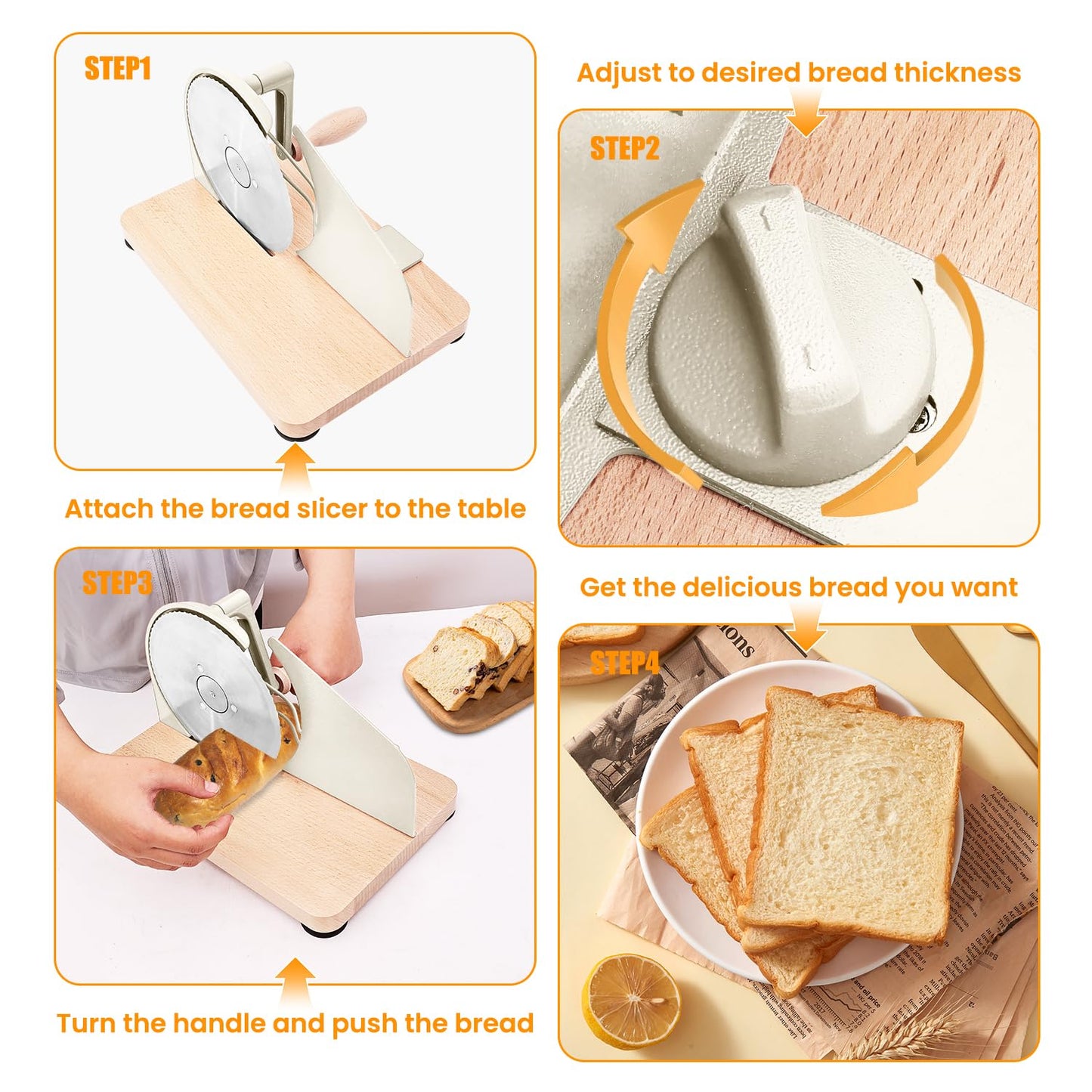 Gleissenweiss Stainless Steel Bread Slicer – Adjustable Manual Sourdough Bread Cutter with Hand Crank & Precise Thickness Control – Classic Homemade Bread Slicer for Kitchen & Bakery (Cream)