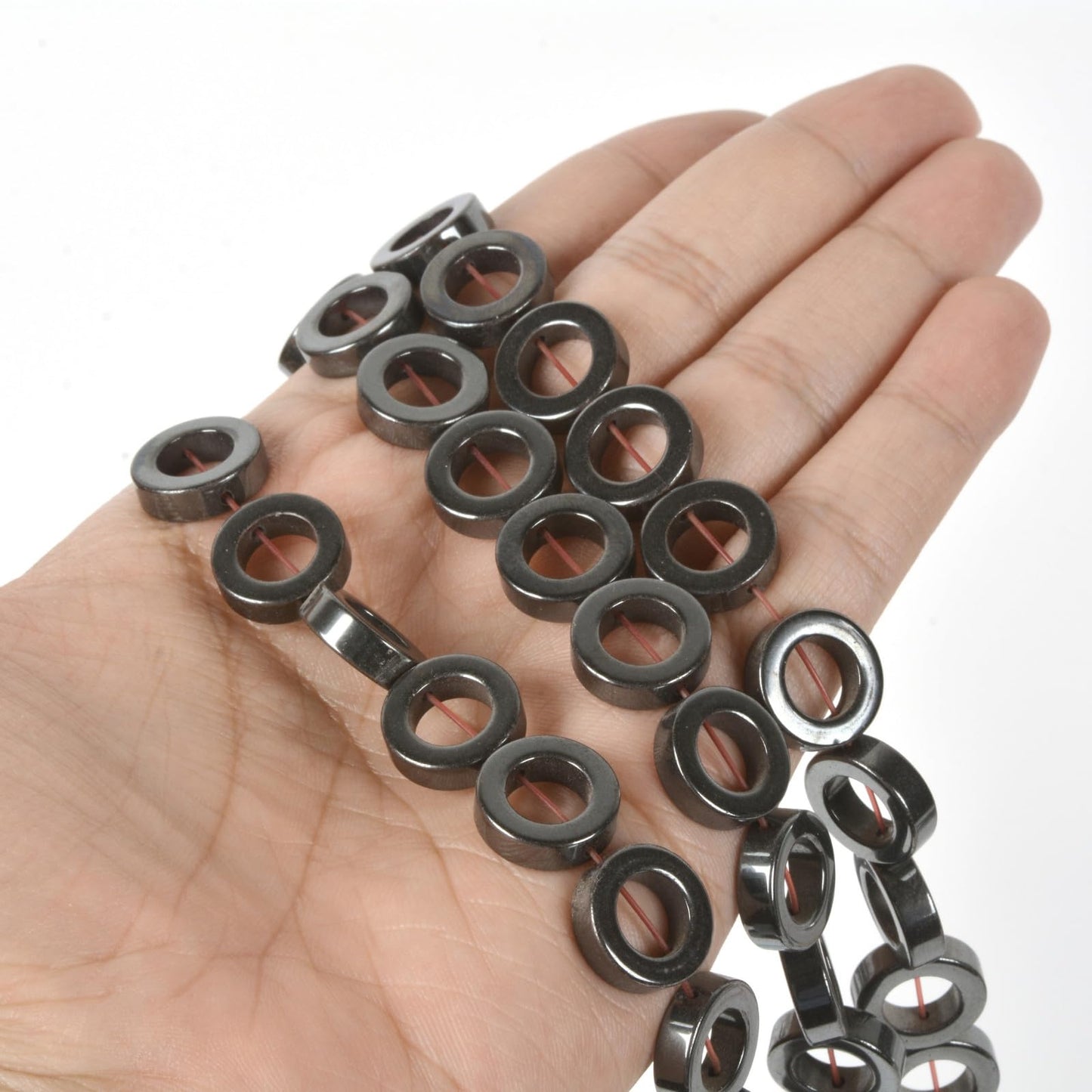 Natural 14mm Hematite Hollow Circle Flat Round Ring Shape Donut Beads Strand 16 Inch for Jewelry Making