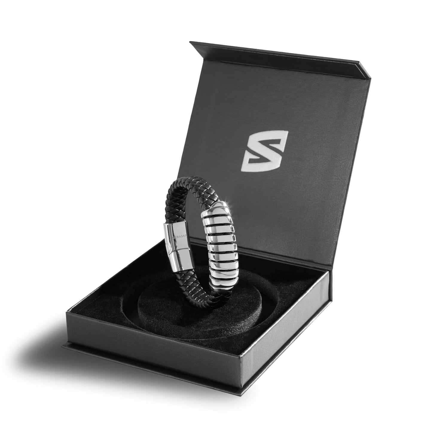 SERASAR Pulsera de cuero plateado 20cm para hombre idea regalo, genuino, caja cierre magnetico ajustable