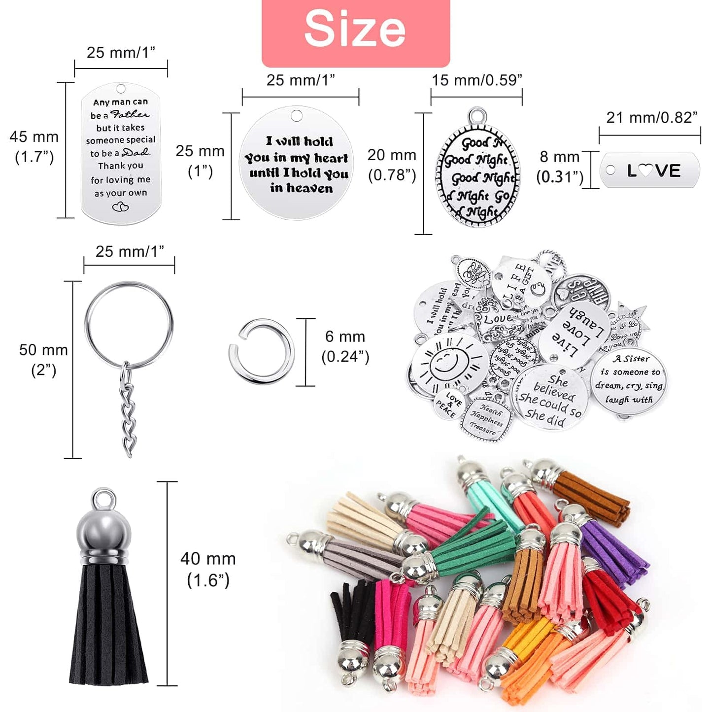 Audab 350Pcs Motivational Keychain Accessories Set with 50 Engraved Inspirational Words Charms, 50 Leather Keychain Tassels, 50 Keyring with Chain, 200 Open Jump Rings for DIY Crafting