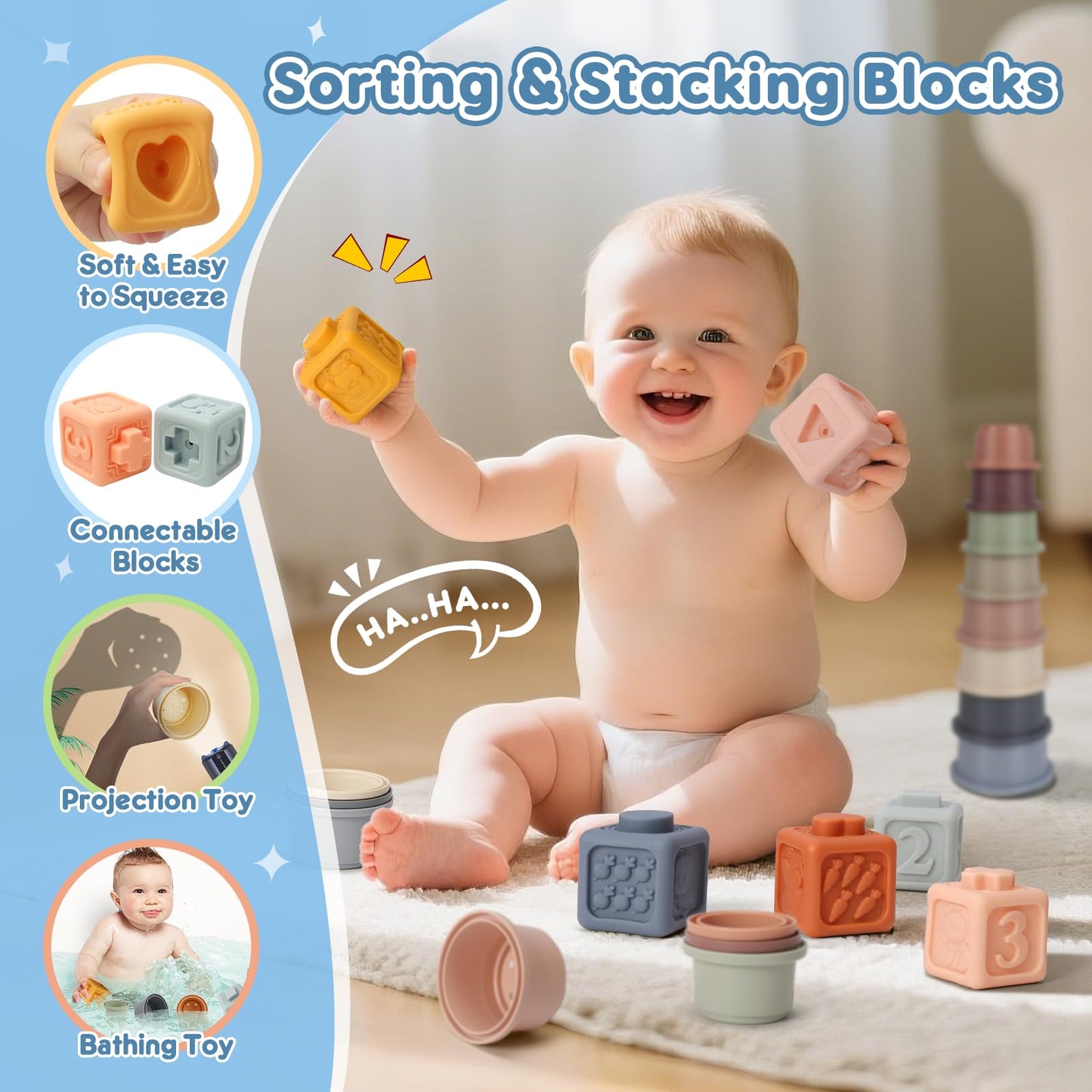 EPOGG 6 in 1 Montessori Toys for Babies 6-12 Months Up - Incl Pull String Toy, Stacking Cups, Tissue Box, Suction Cup Spinner, Stacking Blocks,Activity Cube, Baby Toys for 1 2 3 Year Old