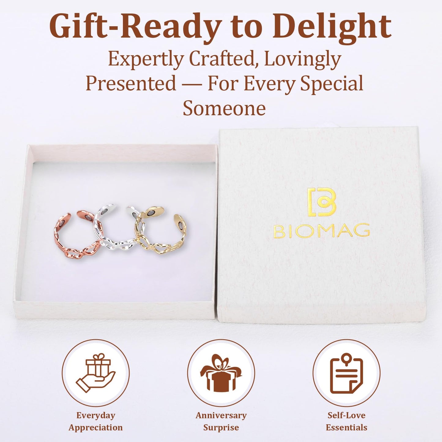 BioMag 3Pcs Copper Rings for Women, 99.99% Pure Copper Magnetic Lymphatic Drainage Rings Thumb Rings with Magnets, Adjustable Jewelry Gift with Box