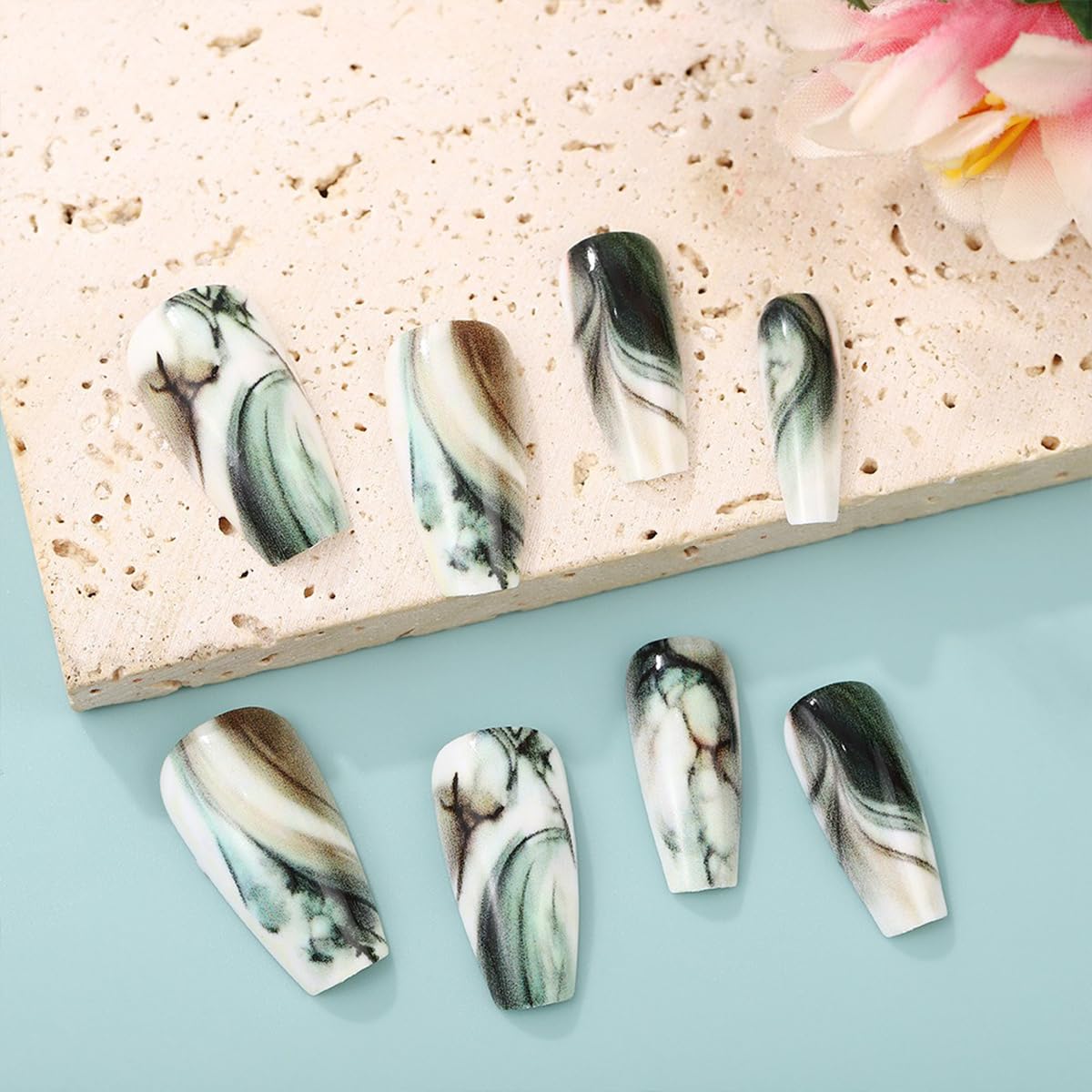 Medium Press On Nails Coffin Shaped Glue On Nail Green White Gradient Stripes Fake Nails With Designs Reusable Full Cover False Nails Cute Stick On Nails For Women 24pcs
