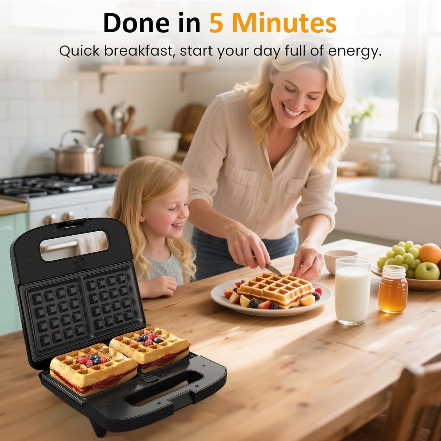 Sunvivi Waffle Iron, Panini Press Grill and Sandwich Maker Set, 3 in 1 Electric Sandwich Press with Removable Non-Stick Plates, Indicator Lights & Cool Touch Handle 750W