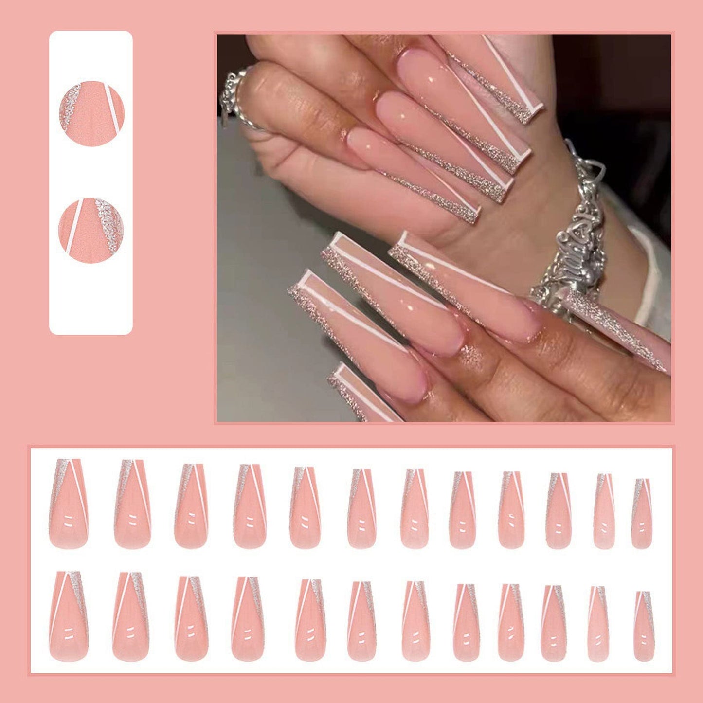 MISUD Press on Nails - Long Coffin Fake Nails with Pink, Acrylic Bling Glitter Design 24 pcs