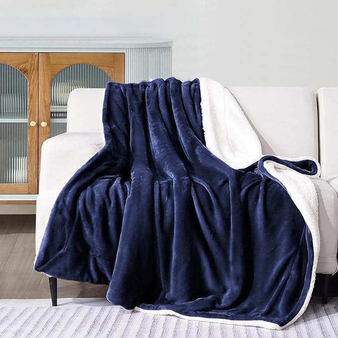 IR Imperial Rooms Sherpa Blankets Queen Size - Thick and Warm Blankets for Winter, Reversible Soft and Fuzzy Fluffy Queen Size Blanket for Bed, Navy, 90x90 Inches