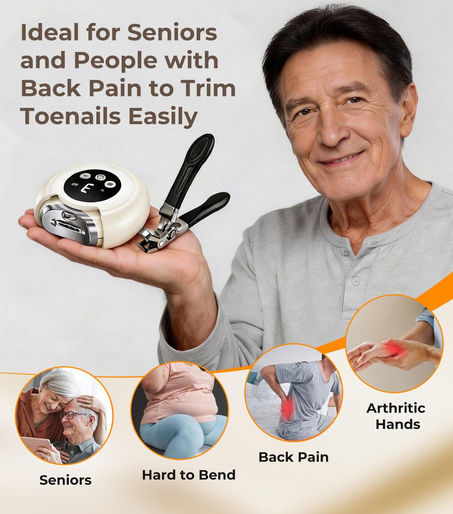 Electric Nail Clipper & No-Bending Long Handle Toenail Cutter Set for Adults and Seniors, Safe Automatic Filer Grinder with Debris Bin, Thick Nail Trimming Kit with Storage Bag for Easy Home Grooming