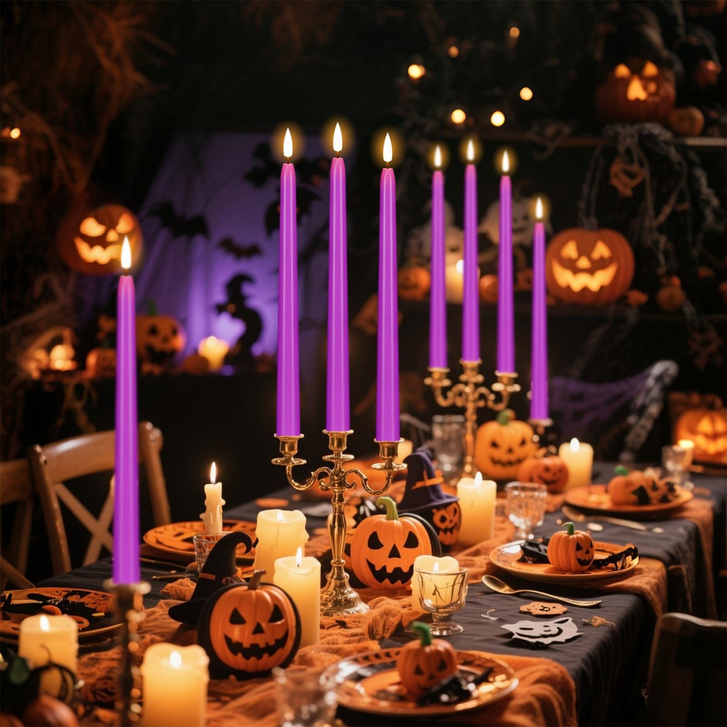 Wondise Halloween Flameless Taper Candles with Remote & Timer, 4 Pack Purple Battery Operated LED Candles with 3D Wick Flickering for Halloween Decorations Gift