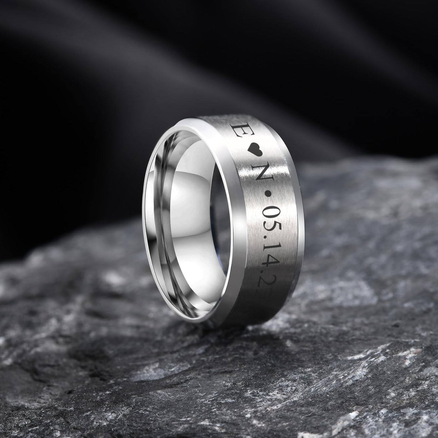 VNOX Customize Personalized Name Date LOVE 8MM Stainless Steel Simple Matte Brushed Finish Wedding Band Engagement Rings for Men Women,Size 10,Silver