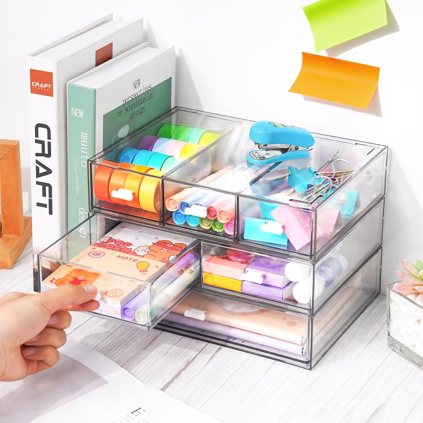 3 Tier Stackable Desk Organizer with 6 Drawers, YOCOMEY Plastic Desktop Storage Box Drawers, Detachable Makeup Storage Office Stationery Supplies Organizer for Office School (All Clear)