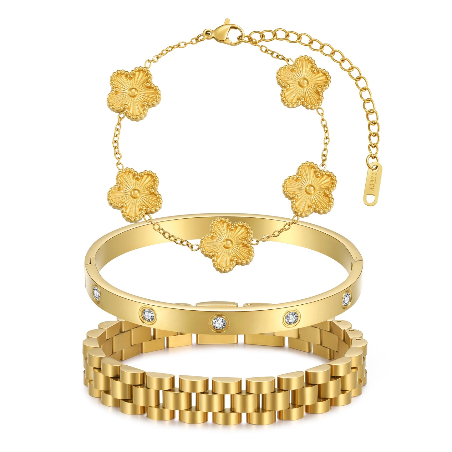 YOQ Stackable Four Leaf Clover Bracelets for Women, 18K Gold Plated Love Bangle Bracelets Set, 3 Pcs Charm Jewelry Gifts (Gold)