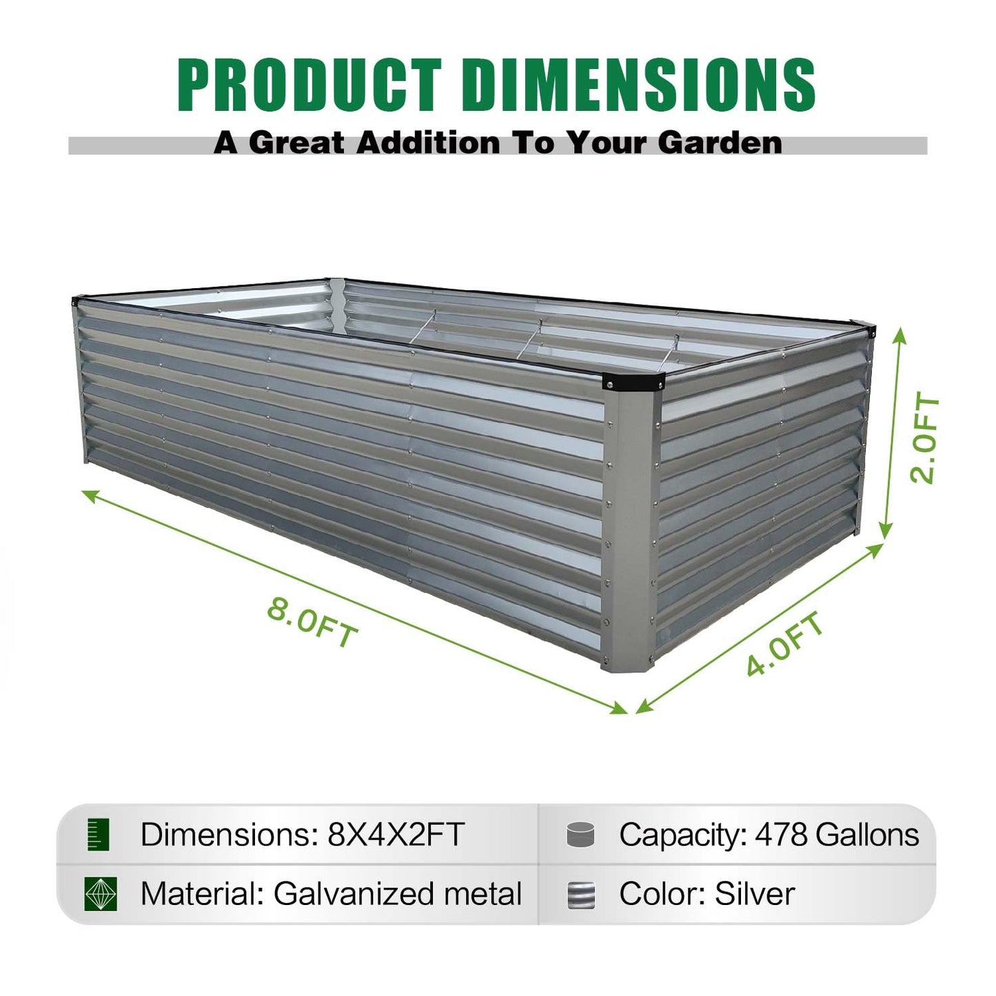 GrowHaus 8x4x2FT Galvanized Raised Garden Bed, Planter Boxes Outdoor Large Metal Garden Beds for Planting Vegetables Flowers Herbs Rectangle Silver