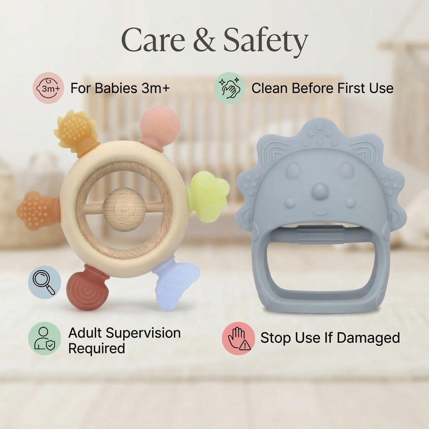 TINBLII Baby Teething Toys 2 Pack, Dinosaur Mitten Teether and Ring Sun Teether with 6 Chewing Points, Silicone Chew Toys for Infants 0-6 6-12 Months, BPA Free Soothing Gum Relief Set (Blue)