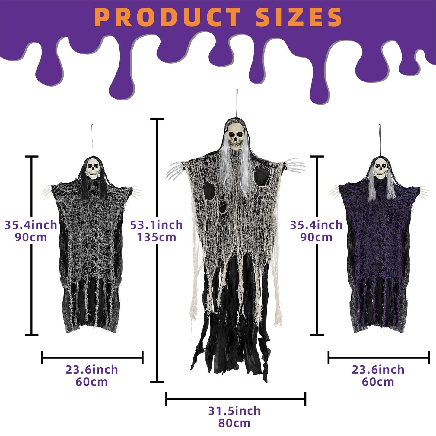 Kendane Halloween Decorations Outdoor and Indoor,3PCS Scary Hanging Ghosts,Halloween Grim Reaper Skeleton,Scary Party Decorations for Yard,Haunted House Decor