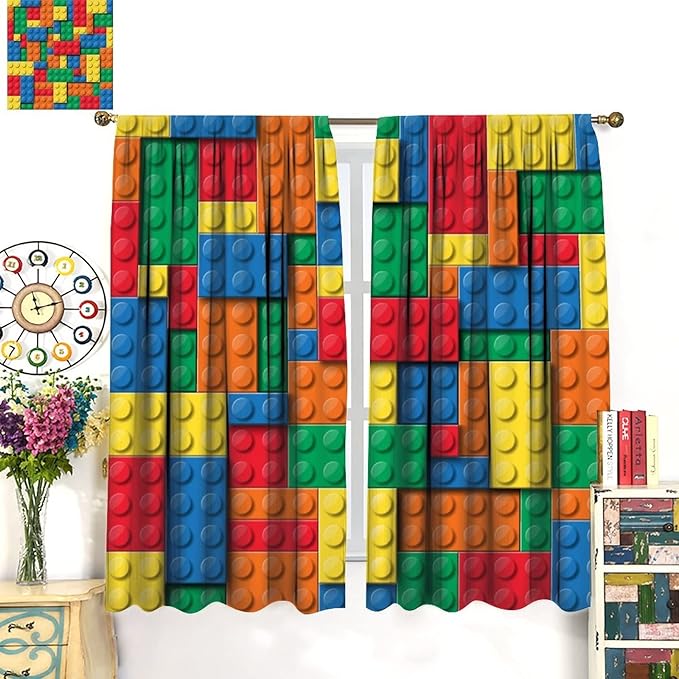 Building Block Toy Curtain Rod Pocket Children's Nursery Abstract Outline Colorful Toy Cartoon Theme Brick Geometric Print Curtain, Blackout Curtain for Boys and Girls Room 55x63in