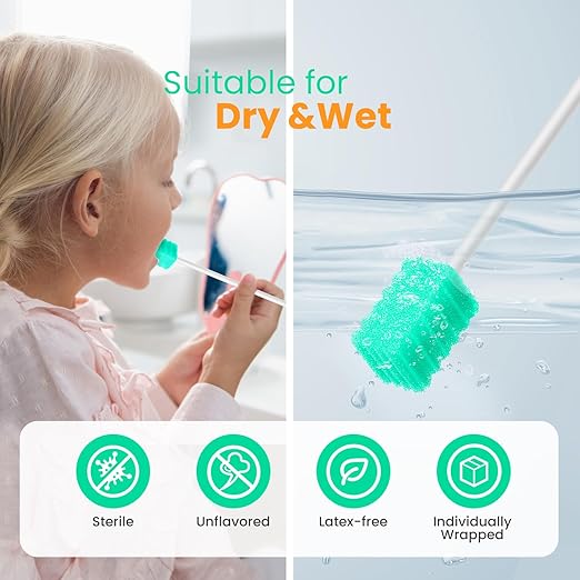 Oral Swabs Disposable 200 Count – Longer Handle Medical-Grade Mouth Sponge Swabs – Individually Wrapped, Latex-Free, Non-Abrasive Mouth Swabs for Elderly, Home & Hospital Use (Aqua)
