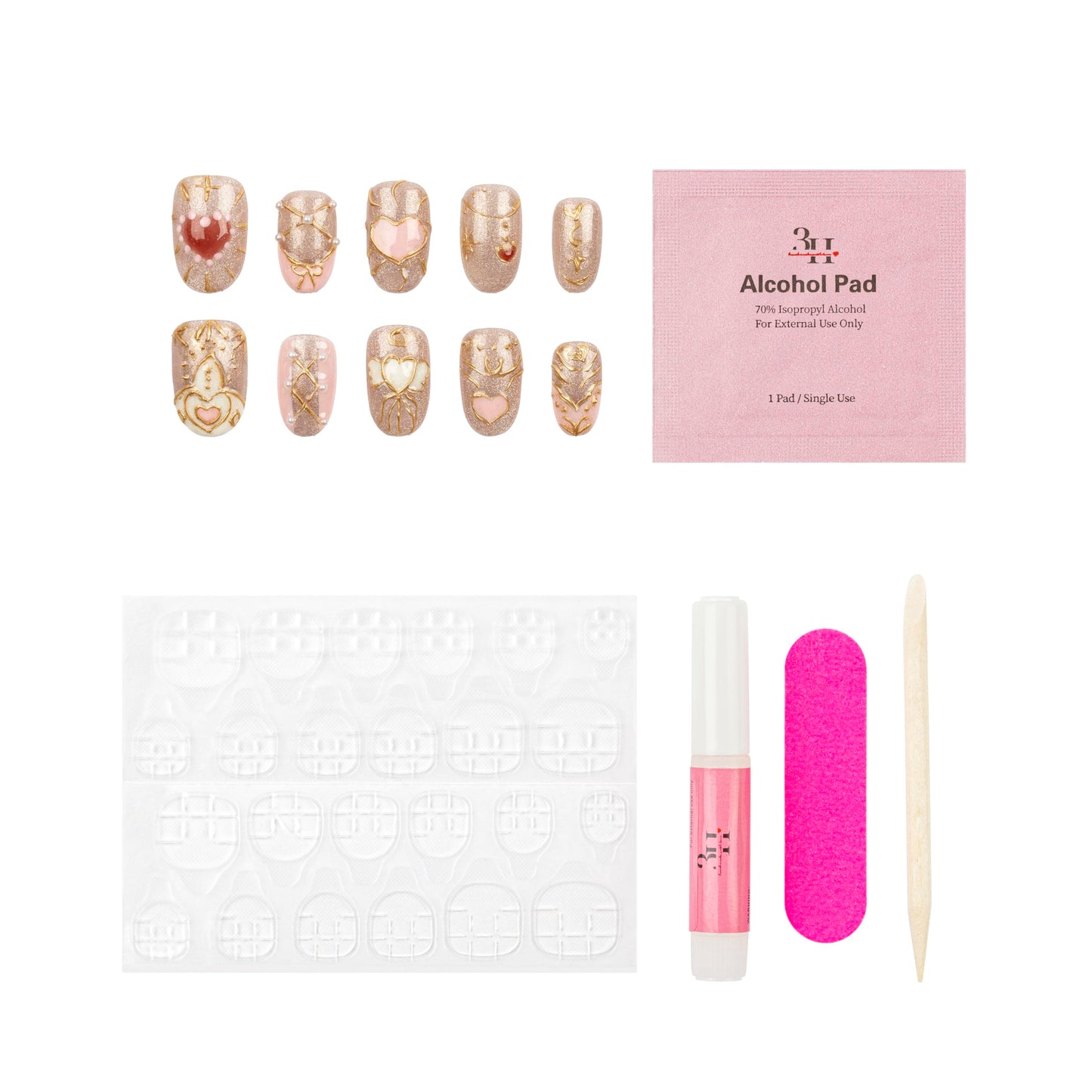 3H Luxury Handmade Press-On Nails Celestial Heart (Pink Small), Reusable Artificial Fake Nails Kit, Salon-Quality Artificial Nails