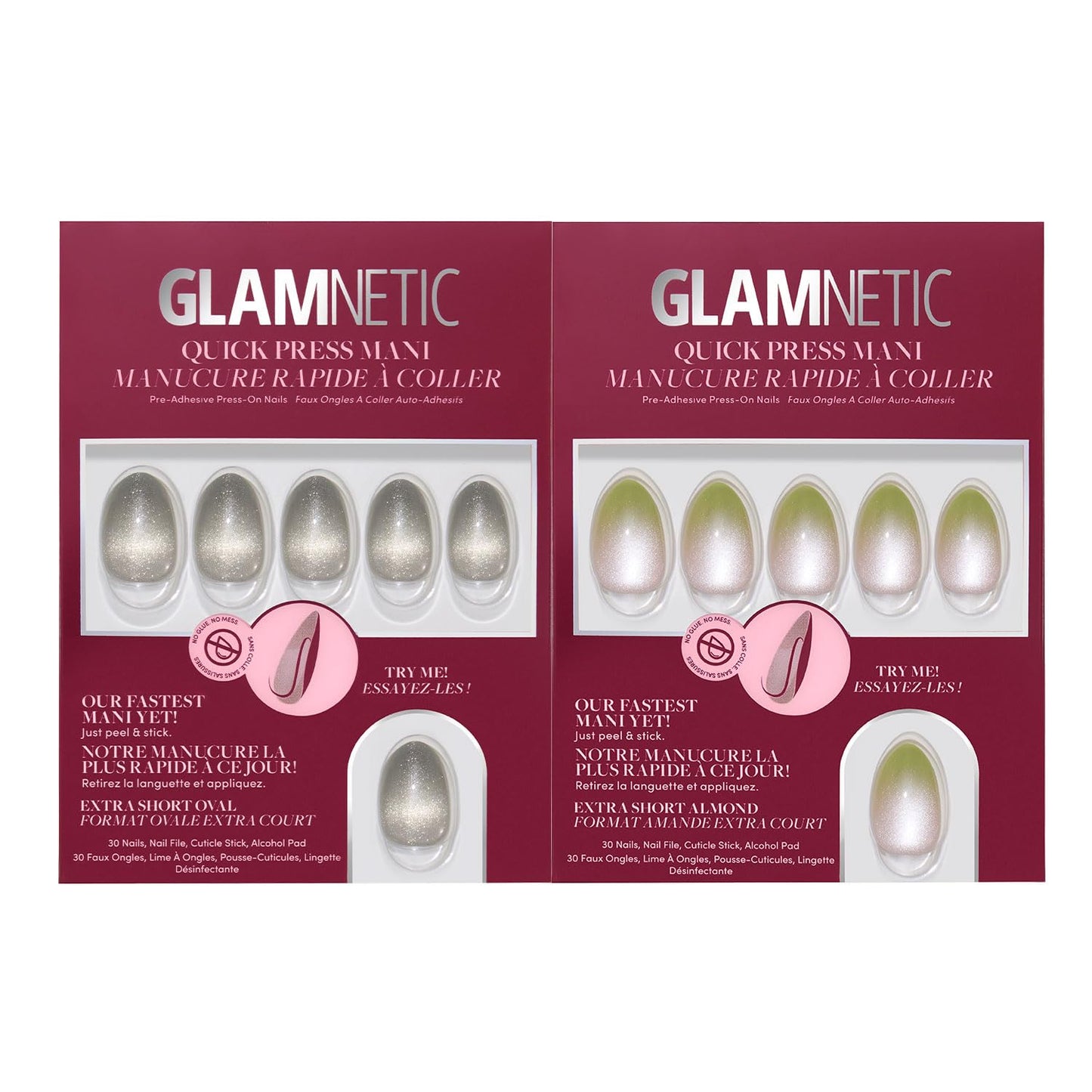 Glamnetic Quick Press Mani Bundle - No Glue Press On Nails, Just Peel and Stick | Sparkly Moss & Light Beam | Mess Free Salon Quality Stick On Nails | Oval & Almond Extra Short Nails