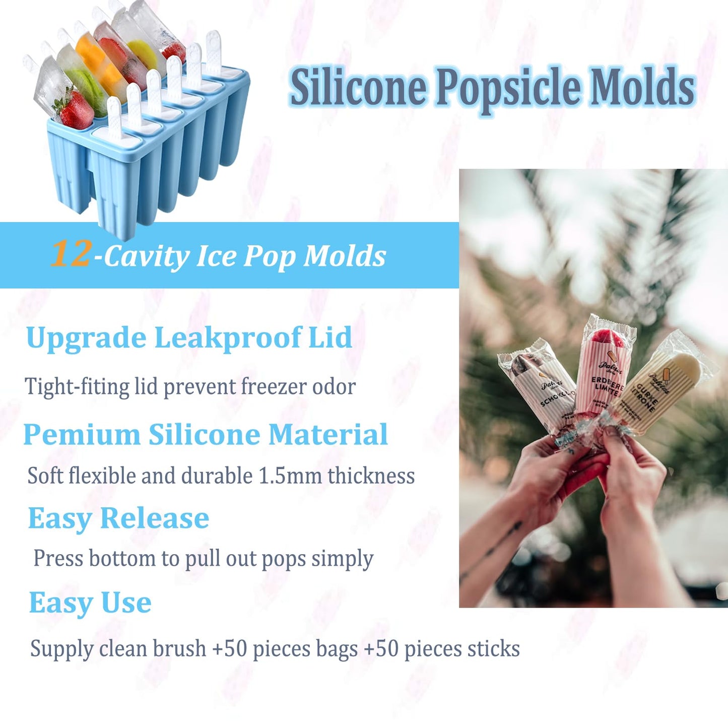 Silicone Popsicle Molds with Sticks Wpunwen 12 Cavity Ice Popsicle MoldsIce Cream Mold with Clean Brush 12 Reusable Sticks 50 Sticks 50 Bags Blue