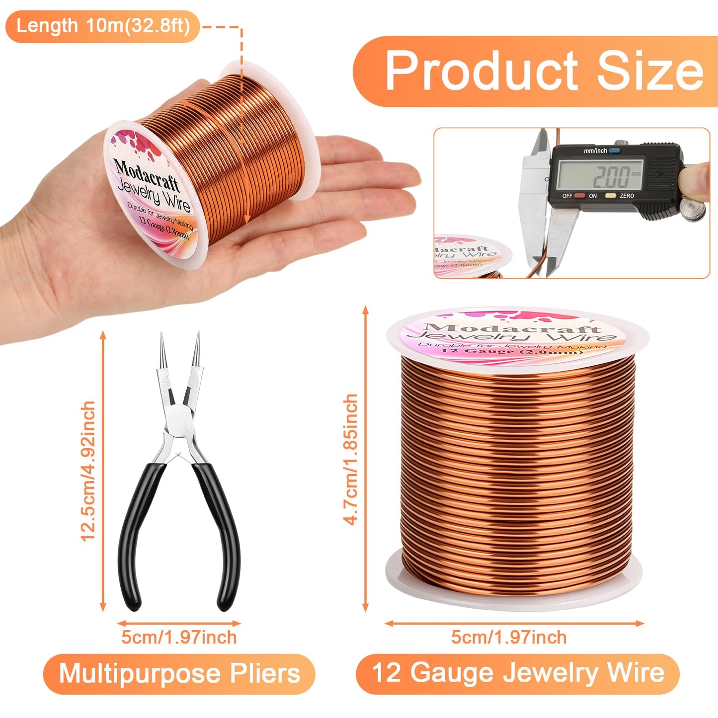 Premium 12 Gauge Copper Wire - 32.8ft Bendable Metal Craft Wire with 4-in-1 Pliers for Jewelry Making, Floral Design, Doll Making, and DIY Crafts Easy Wire Cutting, Shaping, and Wrapping