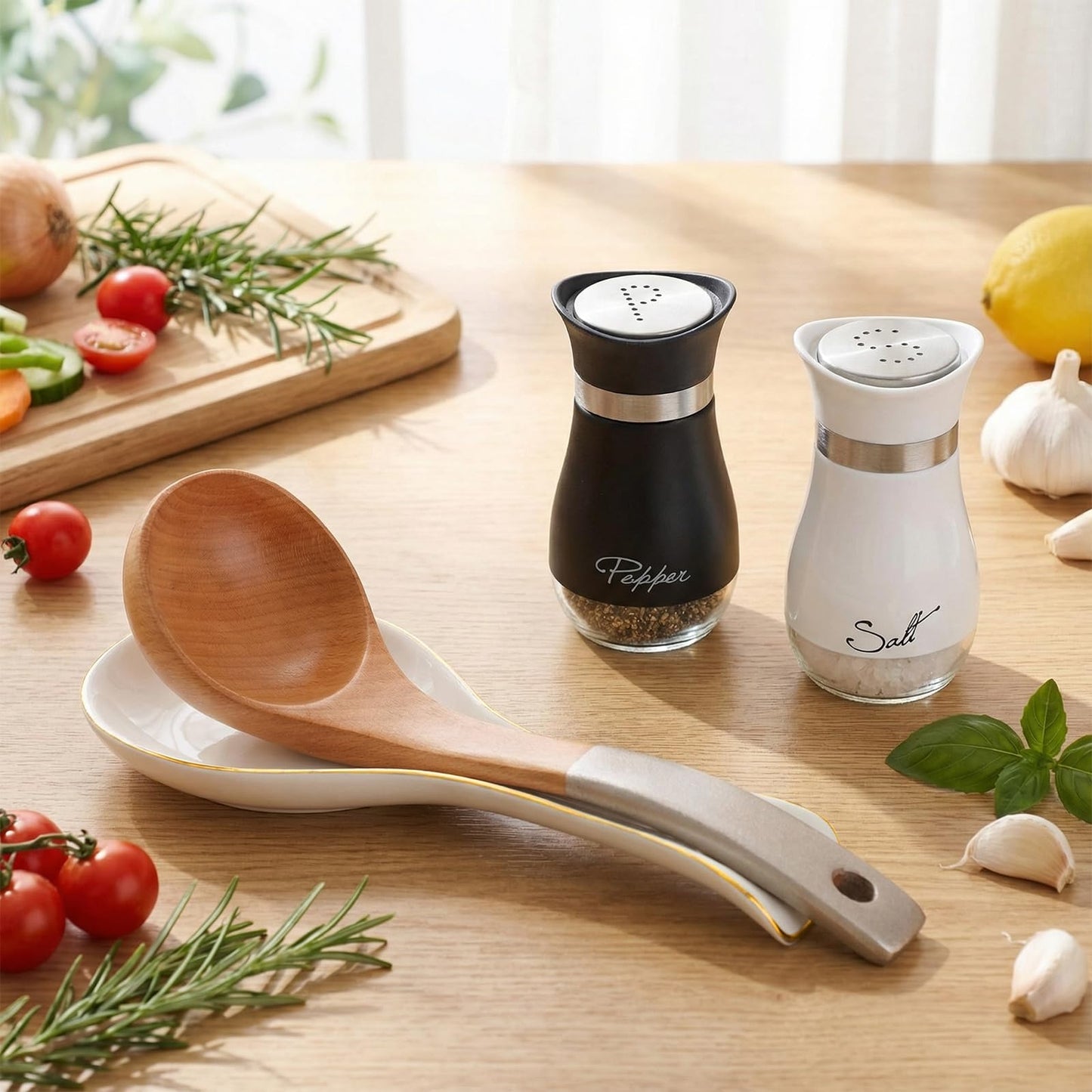 Patelai 3 Pcs Kitchen Counter Set Salt and Pepper Shakers with Ceramic Spoon Rest Farmhouse Rustic Modern for Kitchen Cooking Serving Dining BBQ Rv Housewarming Gifts