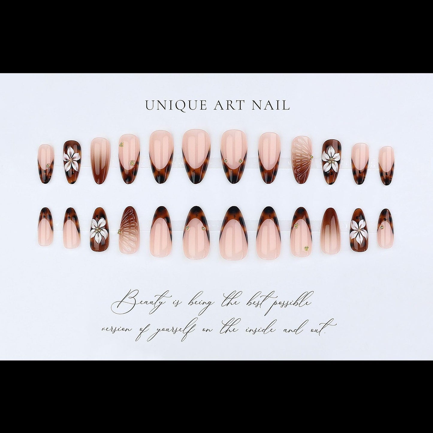 plalely Almond Press on Nails Medium Brown Fake Nail3D Flowers Designs Acrylic Nail Press ons Stick on Nails for Women 24pcs