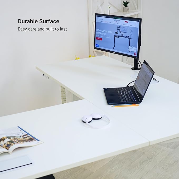 Progressive Desk Stand Up Height Adjustable Standing Desk - L Shaped 85" x 72" Corner Computer Rising Workstation Electric Table - Dark Cherry, Black Frame