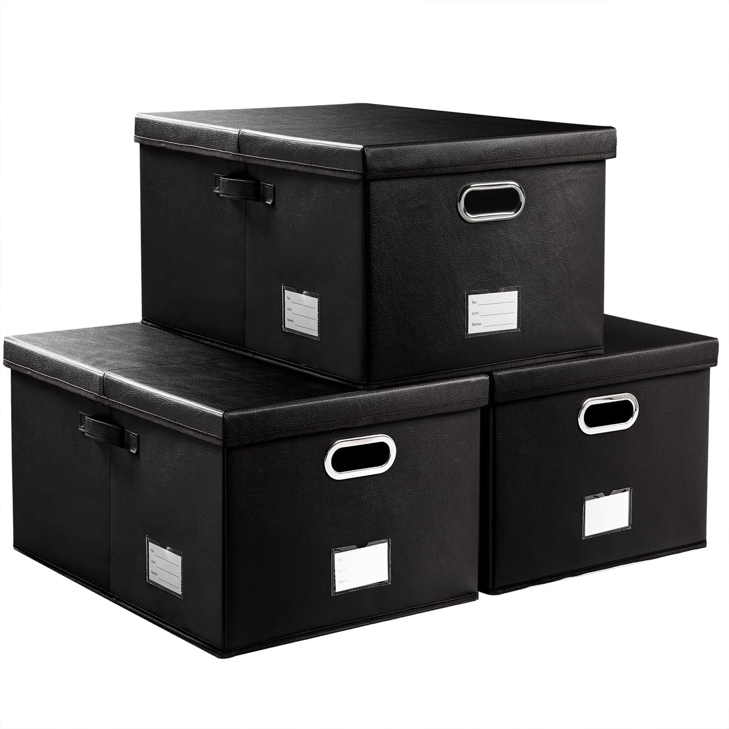 PRANDOM Collapsible Storage Box with Lid [3-Pack] Leather Fabric Foldable Storage Bin Organizer Container Basket Cube with Cover for Home Bedroom Closet Office Nursery Black(22.8X15.7X11.8)