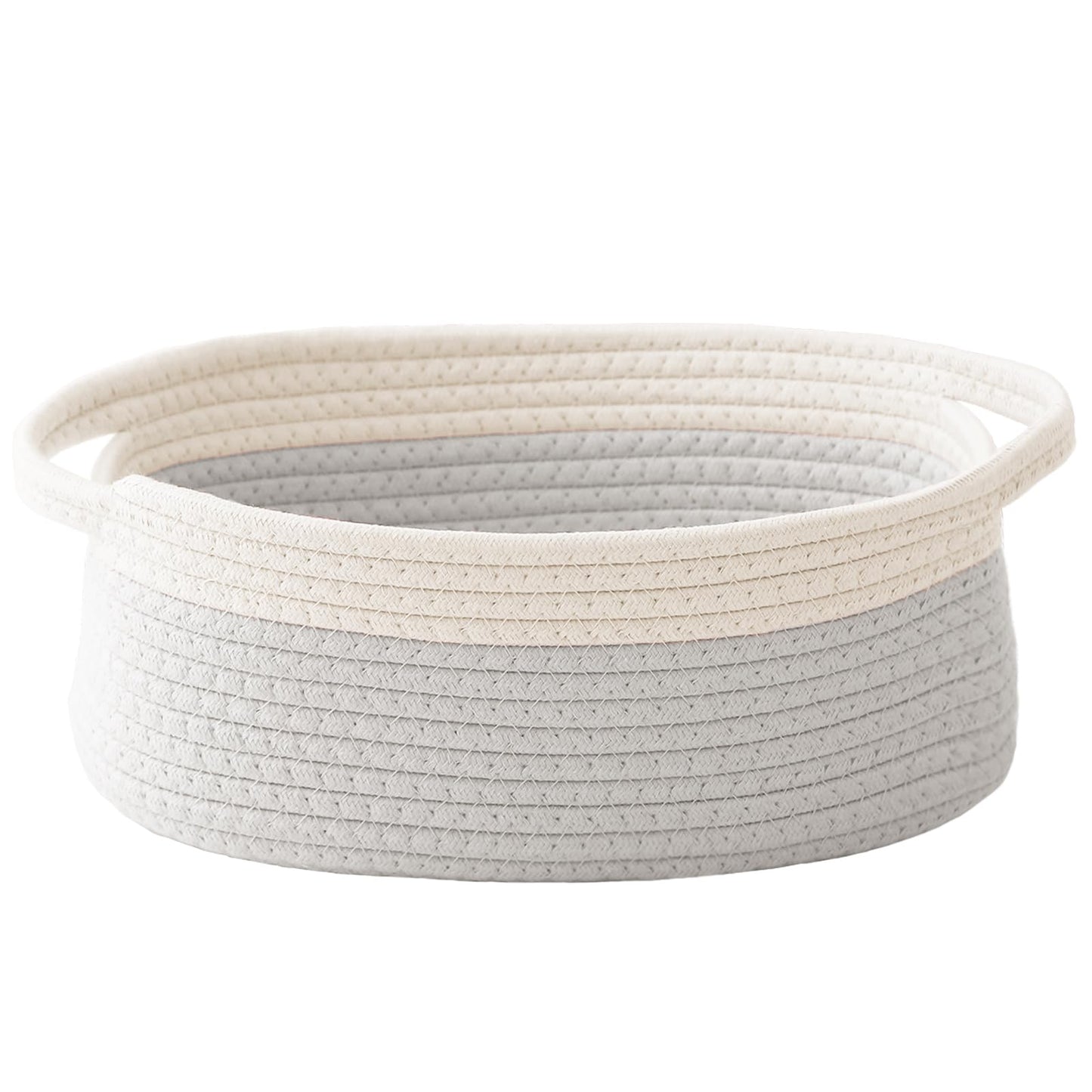 JMvicyroam Woven Basket,Small Rope Storage Bin with Handles & Ribbon Bag, Organizer for Shelves Closets,Gift Basket Empty for Birthday,Books,Dog Toys, White&Grey