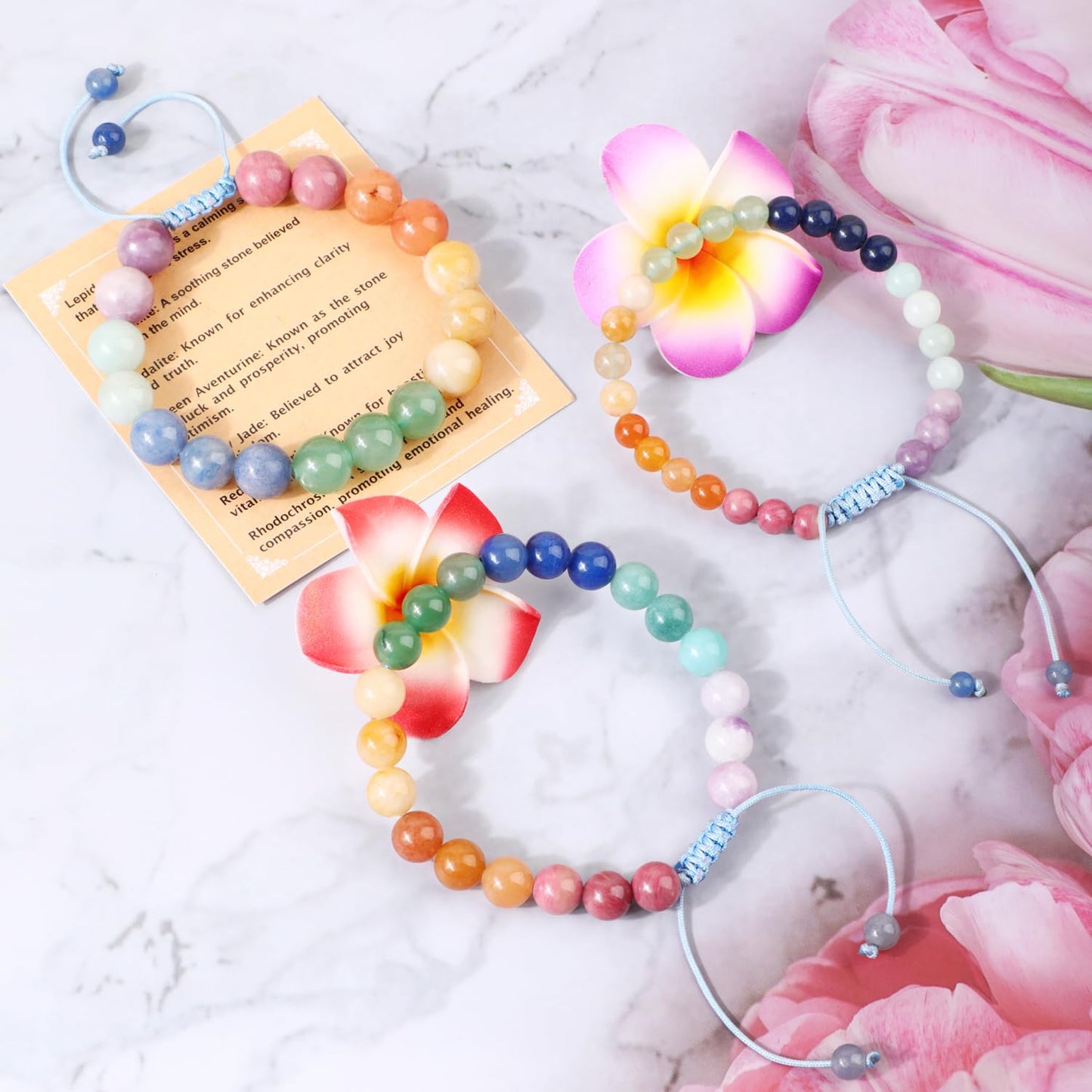 AD Beads 8mm Dopamine 7 Color - Happiness and Joy - Handmade Natural Stone Crystal Bracelet with Adjustable Macrame String - Yoga Healing Power Energy Gifts for Men and Women