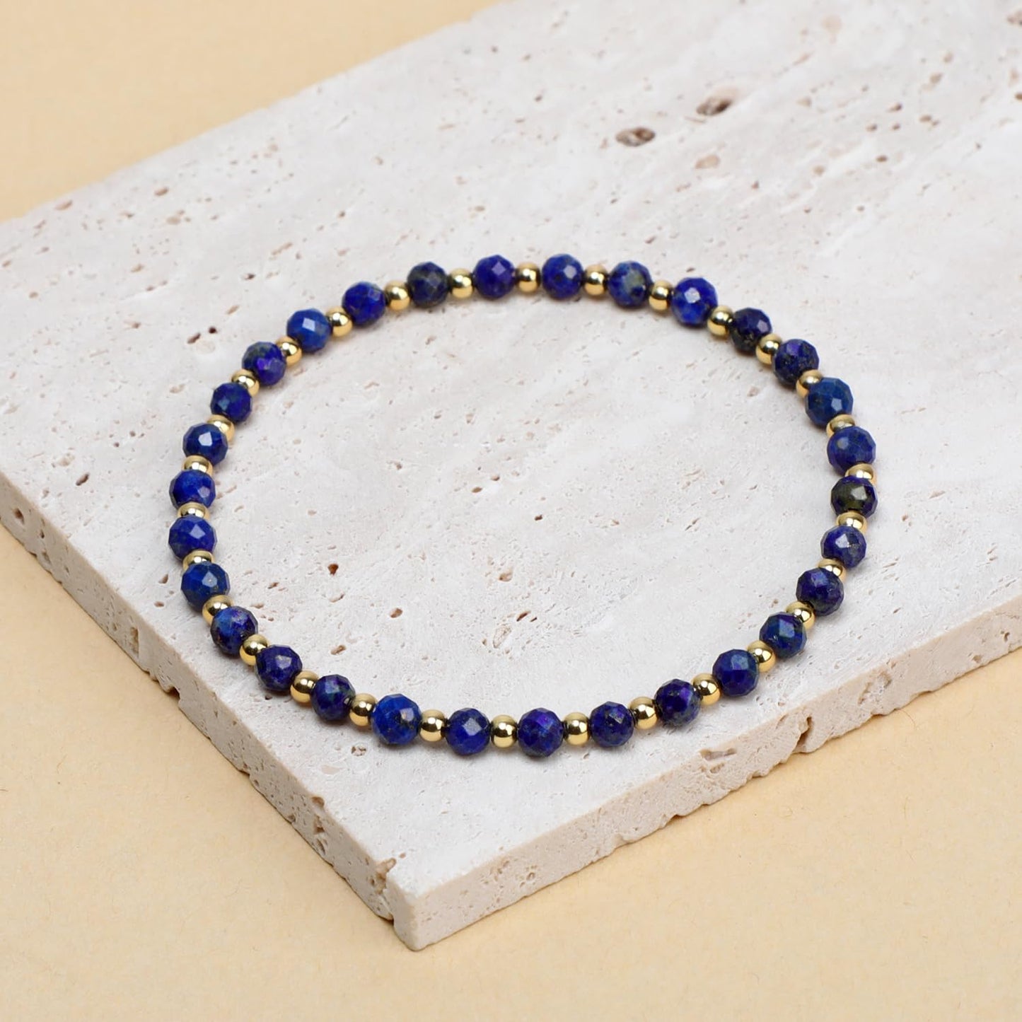 QOGIR Lapis - Stone of Spiritual Insight - 14K Gold Plated Beads Natural Gemstone Stretch Elastic Dainty Healing Beaded Bracelets Gifts 4mm