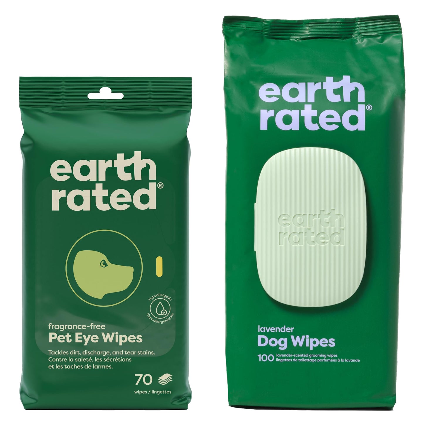 Earth Rated Ear Wipes & Grooming Wipes Bundle - Includes 70 Fragrance-Free Pet Ear Wipes and 100 Lavender-Scented Grooming Wipes.