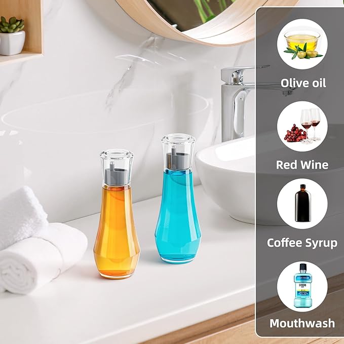 VITVITI Glass Mouthwash Dispenser for Bathroom, 8.8OZ Mouth Wash Container Bottle with Lid Cup, Small Clear Refillable Mouthwash Dispenser Decanter for Countertop, Set of 2, Gray