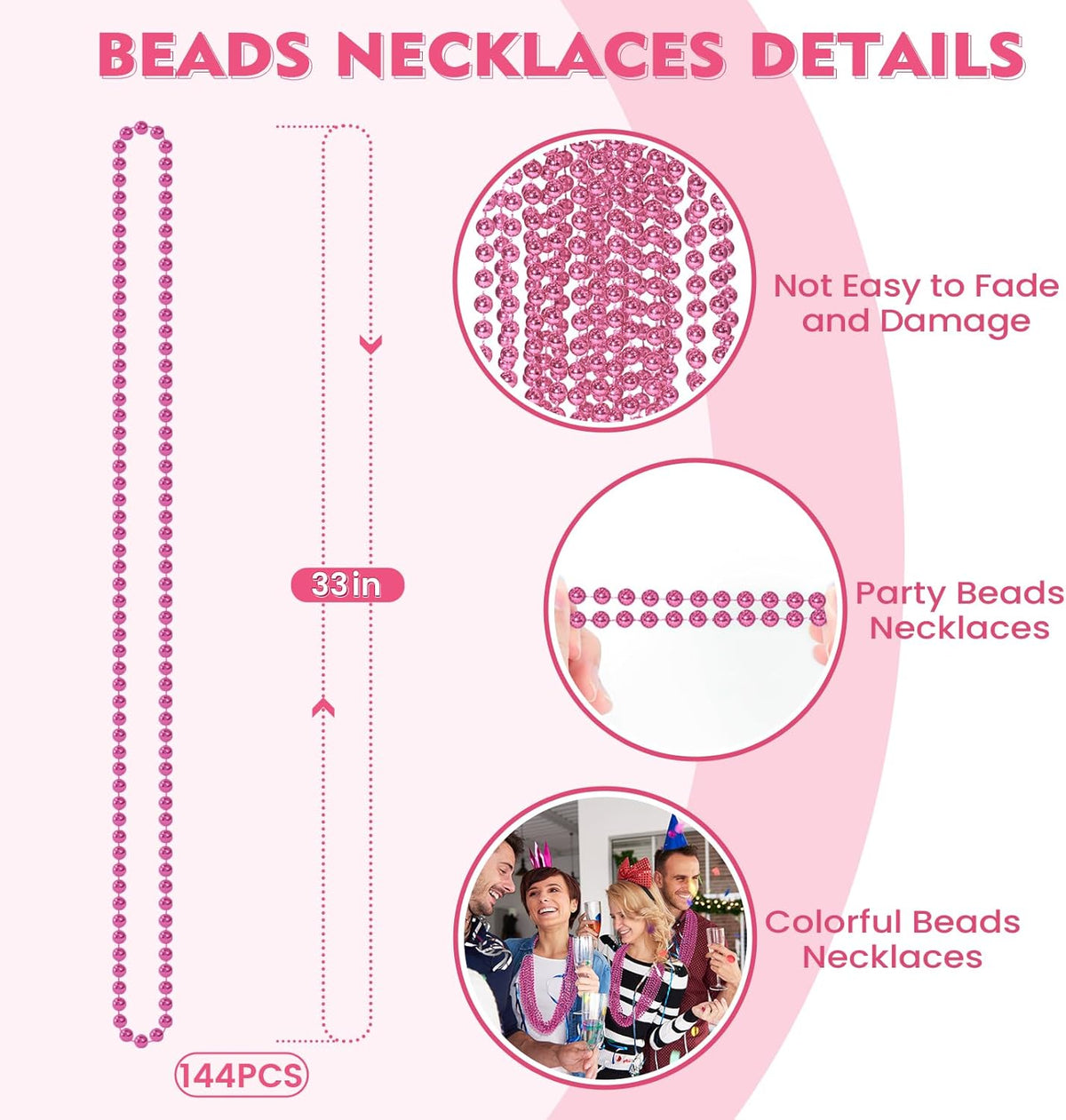 SHAOQINLIN 144 PCS Pink Bead Necklace, 33" Pink Mardi Gras Beads, Breast Cancer Awareness Beaded Necklaces, Party Beads for Mardi Gras, Christmas, Valentine's Day, Wedding, Gender Reveal Party Favors