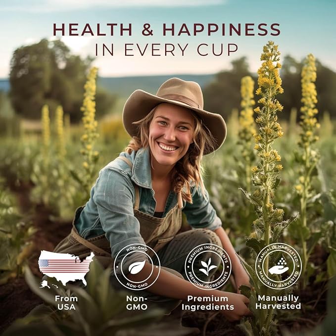 Gya Tea Co Mullein Leaf Herbal Tea Bags (50 Bags) - Caffeine Free with a Tangy Flavor for All Day Comfort, Calming, Relaxing & Nourishing - Fruit & Herbal Blends