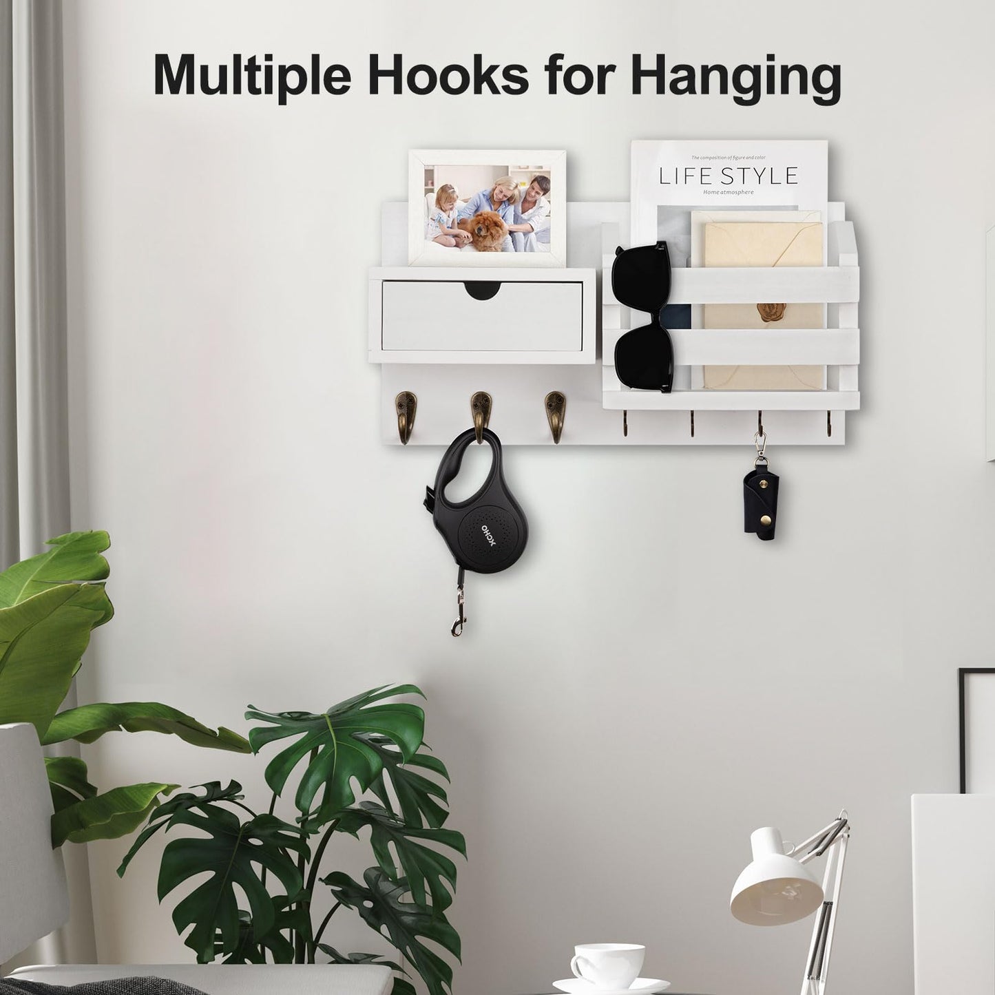 Lwenki Wall Mount Key Holder with Mail Organizer, 100% Paulownia Wood, 7 Metal Hooks, Storage Drawer, Entryway Home Decor (White)