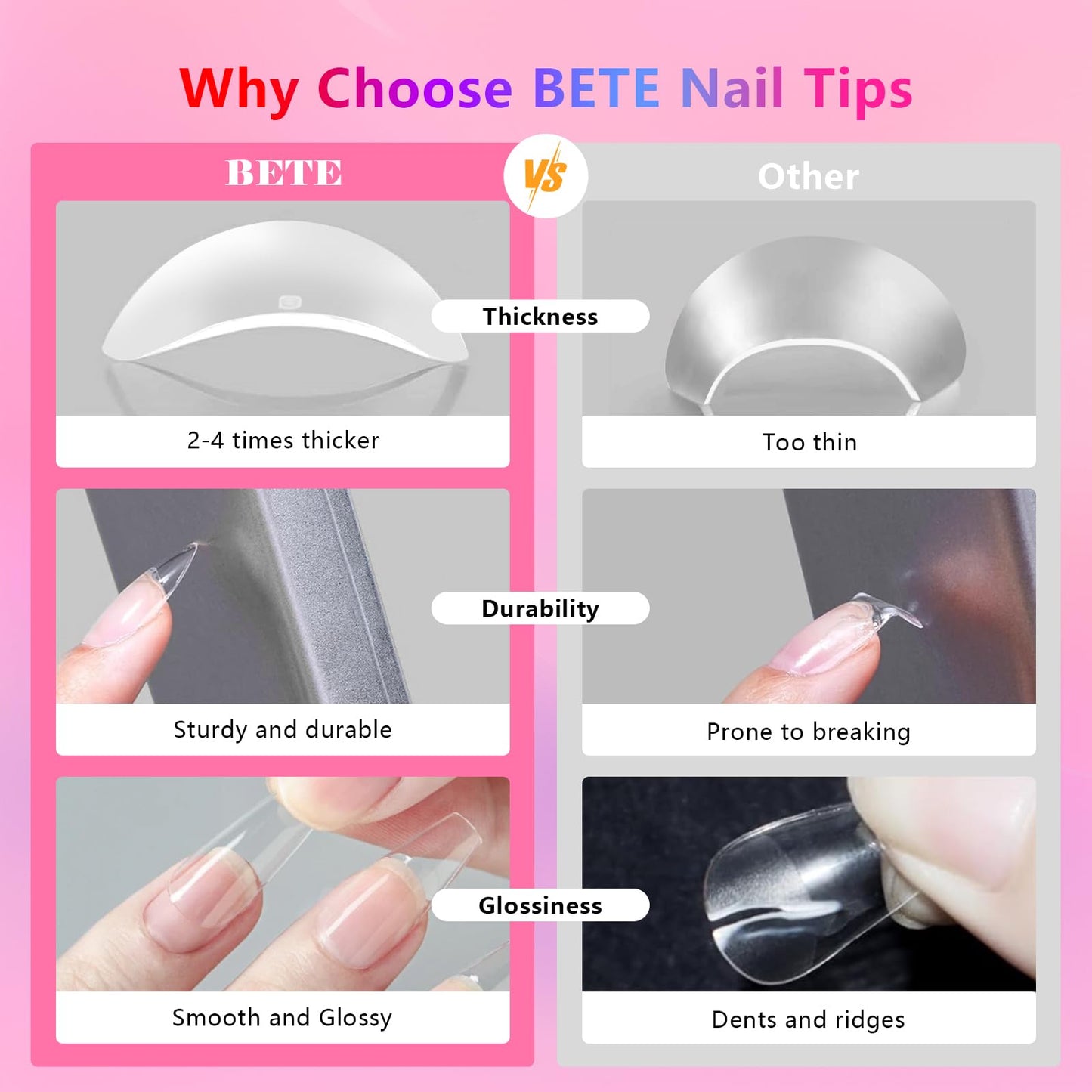 BETE Medium Coffin Clear Acrylic Nail Tips–544Pcs 16 Sizes with Half Sizes, Tipex Instant Apex Full Cover False Nails, Pre-Shaped Strong Thick Press On Nails for Home & DIY Manicure