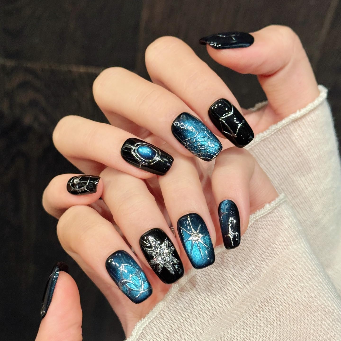 Yacey Blue Galaxy Handmade Press on Nails, Medium Square Reusable False Nails Press Ons, Luxury Hand-Painted Cat Eyes Thick Acrylic Fake Nails, 3D Bling Glue on Nails for Women Girls (10 Pcs, M)