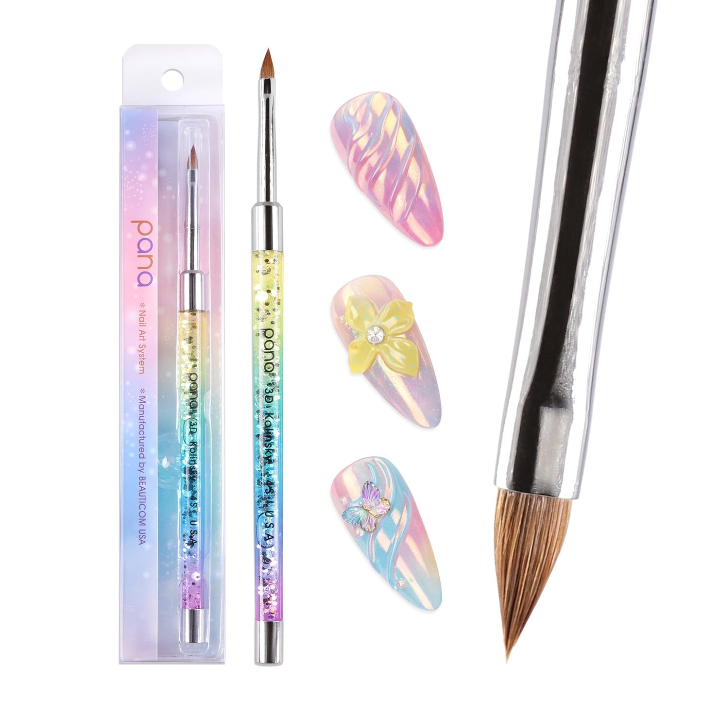 PANA Kolinsky 3D Acrylic Nail Brushes with Liquid Glitter Handle - For Professional Acrylic Powder Liquid Manicure Pedicure (Rainbow Color, Size #4)