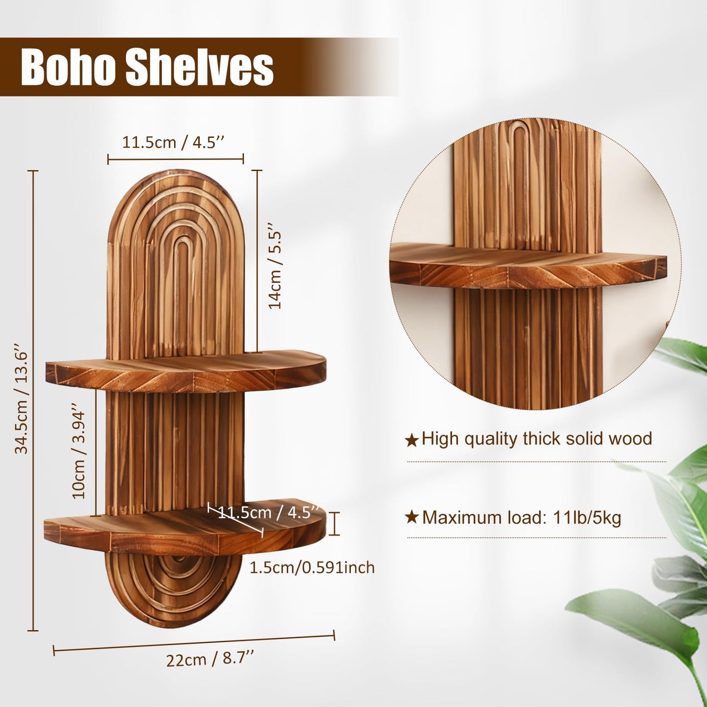 Artilady 2 Pack Shelf Wall Decor Boho Wood Floating Shelves 2 Tier Plant Holder Trinket Storage Rack Rainbow Hanging Decor for Home Bedroom Living Room Office Nursery