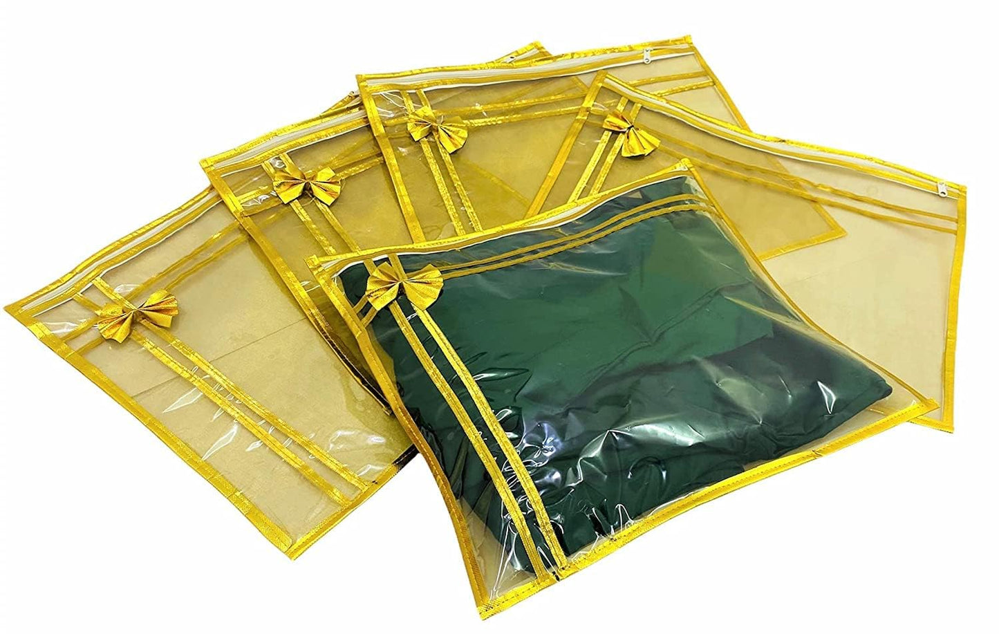 10 piece transparent single Saree/Suit Packing Sari Cover/Bag Organizer with zip for Wardrobe Storage and wedding gifting,dress covers (Golden, Pack of 10)