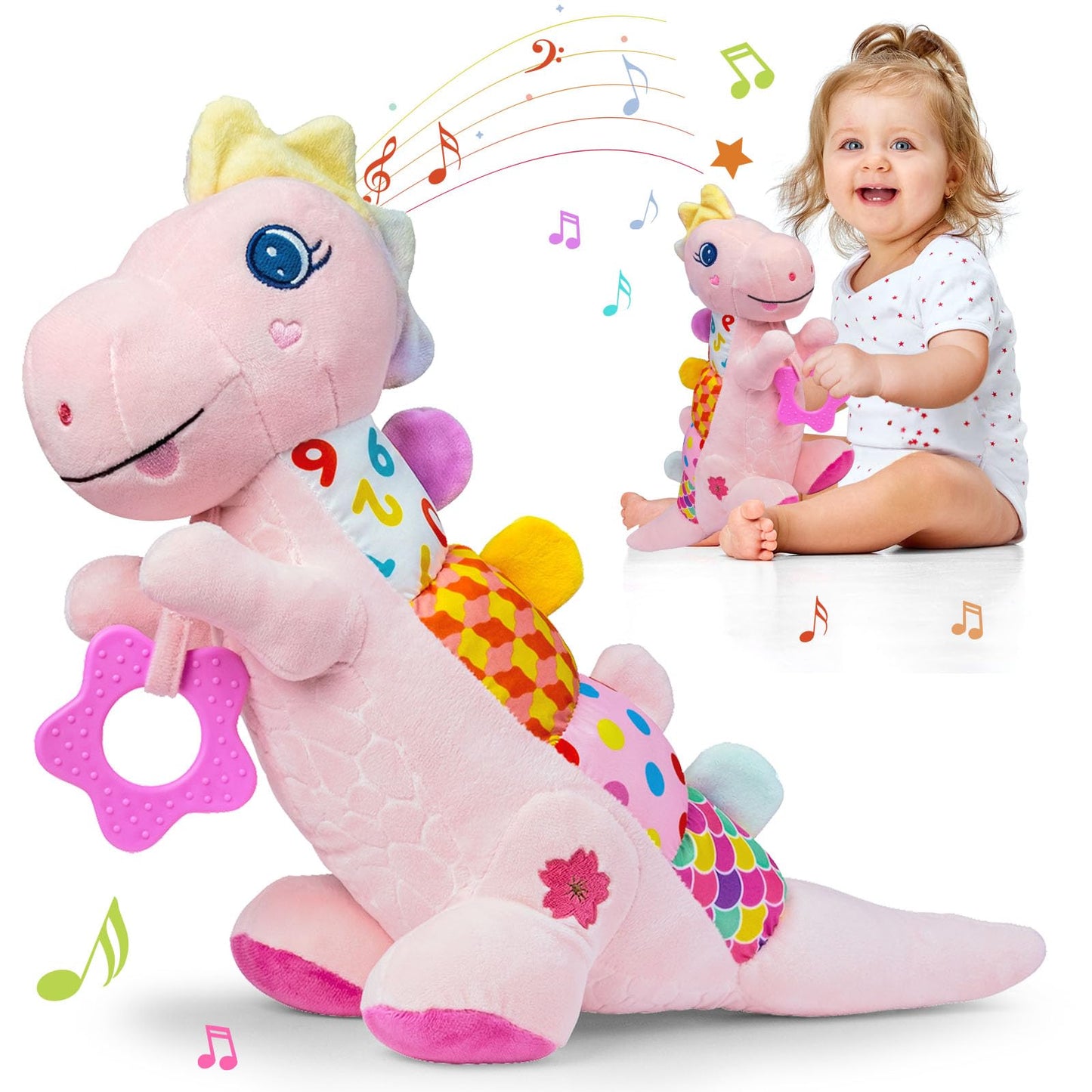 Holaxander Baby Boy Gift Set for 0-6-12+ Months (1 * Baby Elephant Musical Toy & 1 * Musical Plush Dino Toy)