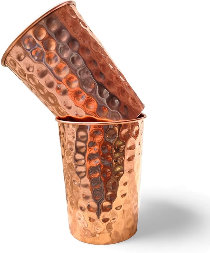 Set of 2 Hammmered Pure Copper Cups For Drinking Water Glasses Tumblers Glass for Ayurveda Health Benefits