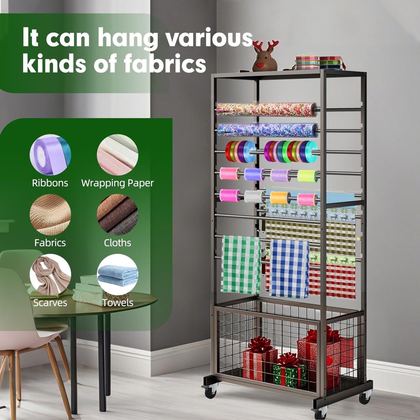 RCZSCBK 16 Tier Ribbon Holder Rack, Multifunctional Flower Wrapping Paper Rack,Double-Sided Ribbon Spool Shelf Suitable for Flower Shop, Craft Room, Cake Shop Ribbon Display Stand (Black)