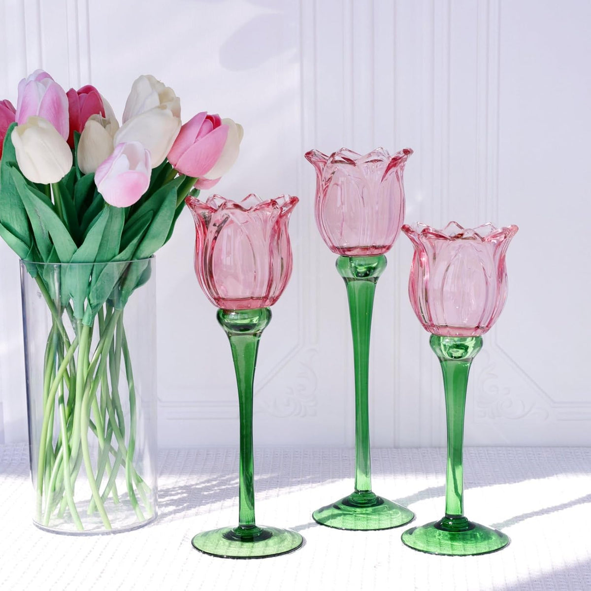 VOHO Pink Tulips Candle Holder, Romantic Pink Flower Votive Candle Holders for Wedding Bridal Shower Decorations, Tall Tealight Candle Holder Decor for Centerpiece Table(Set of3)
