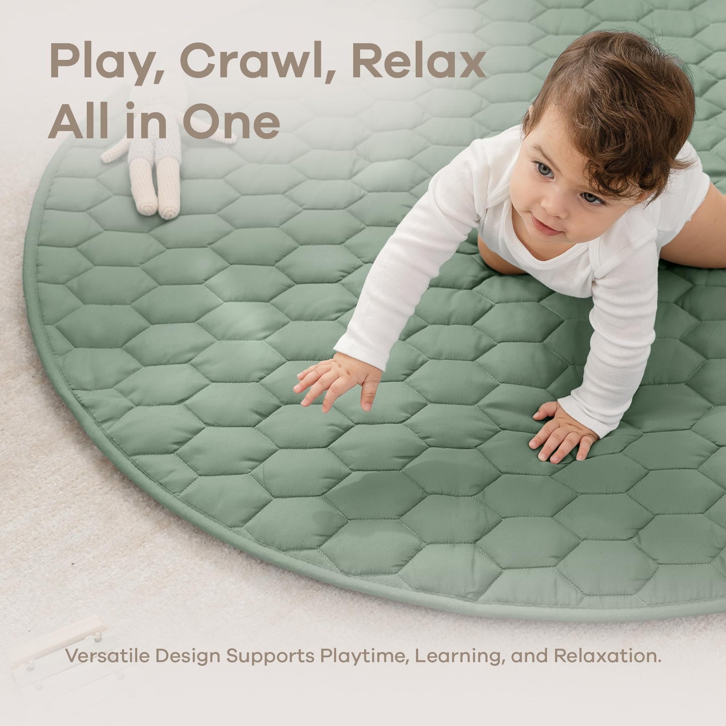Comfy Cubs Round Kids Play Mat - Medium 48 inches Soft Quilted Baby Floor Mat with Non-Slip Bottom - Plush Design for Toddlers' Playtime - Comfortable and Durable - Fern